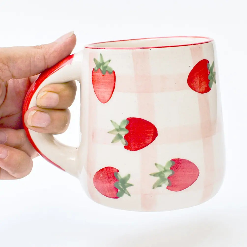 Strawberry Checkered Delight Ceramic Mug - 3.5 x 3 Inches