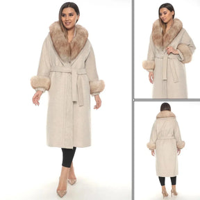 Luxurious Beige Wool Lama & Fox Fur Coat
