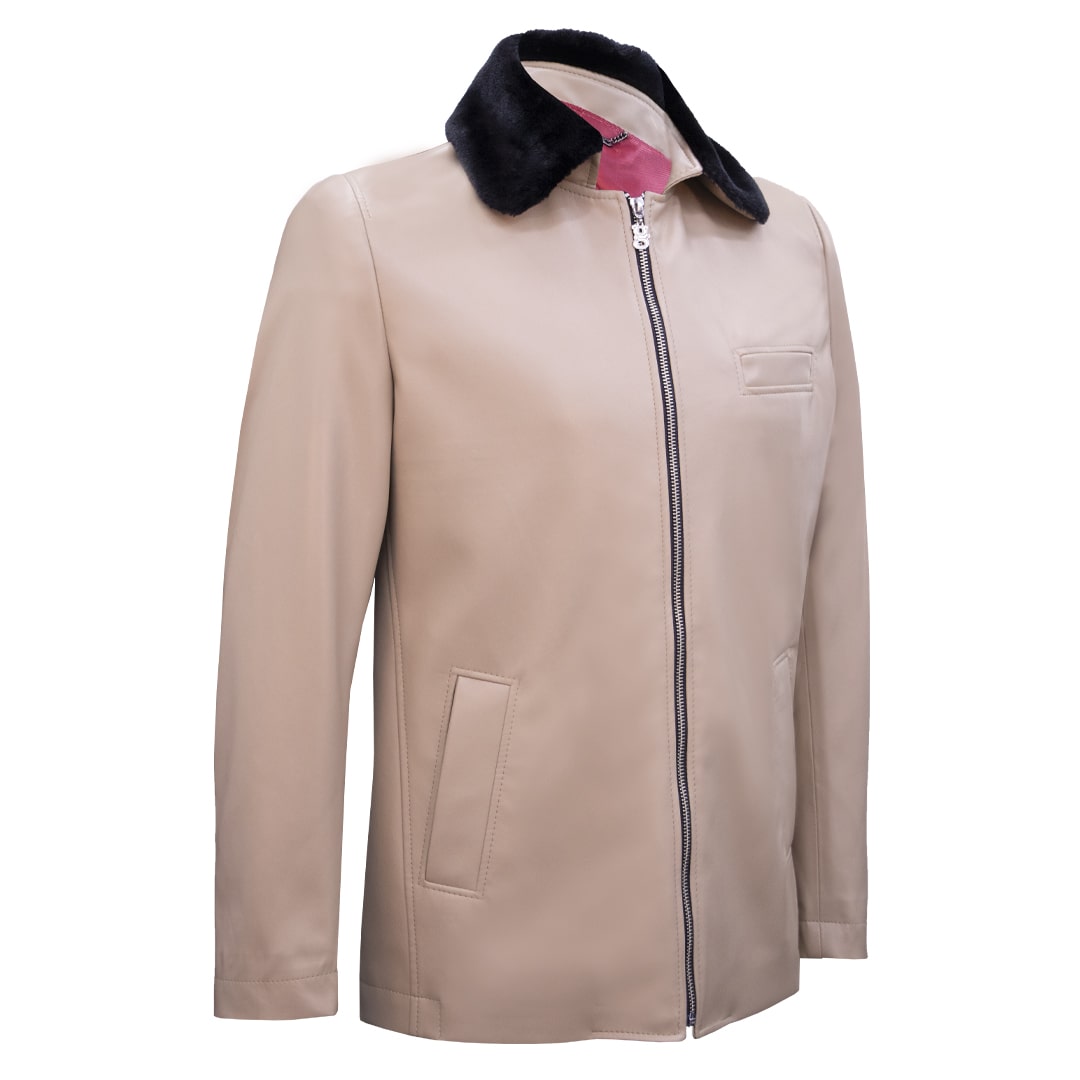 Casual synthetic leather jacket featuring plush accents