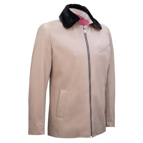 Casual synthetic leather jacket featuring plush accents