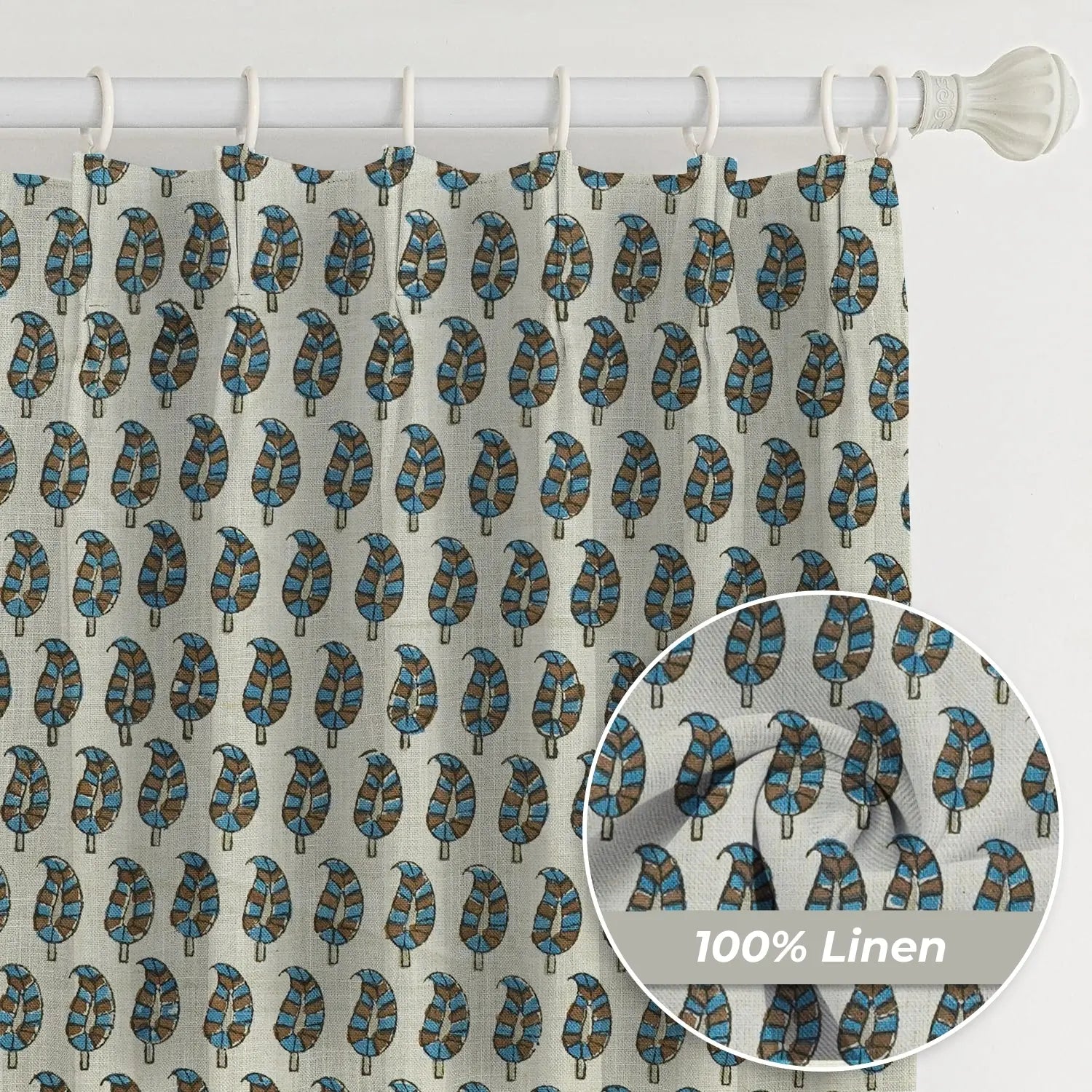 Hand Block Print Pure Linen Pleated Curtain - Lil Paisley