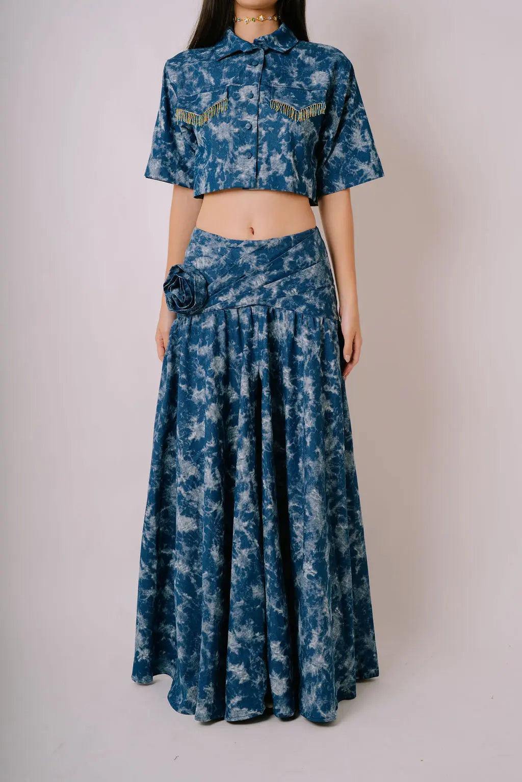 Tie-Dye Maxi Skirt with Floral Accent