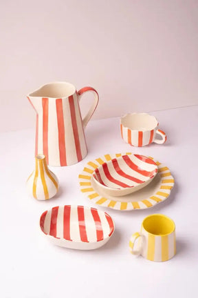 Ceramic Stripe Pitcher, Red- 8.25 X 8.25 X 8 Inches