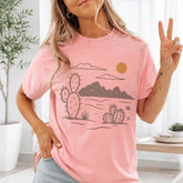 Desert Cactus Sunset Landscape Graphic T-Shirt | Light Pink Southwestern Vintage Cotton Tee