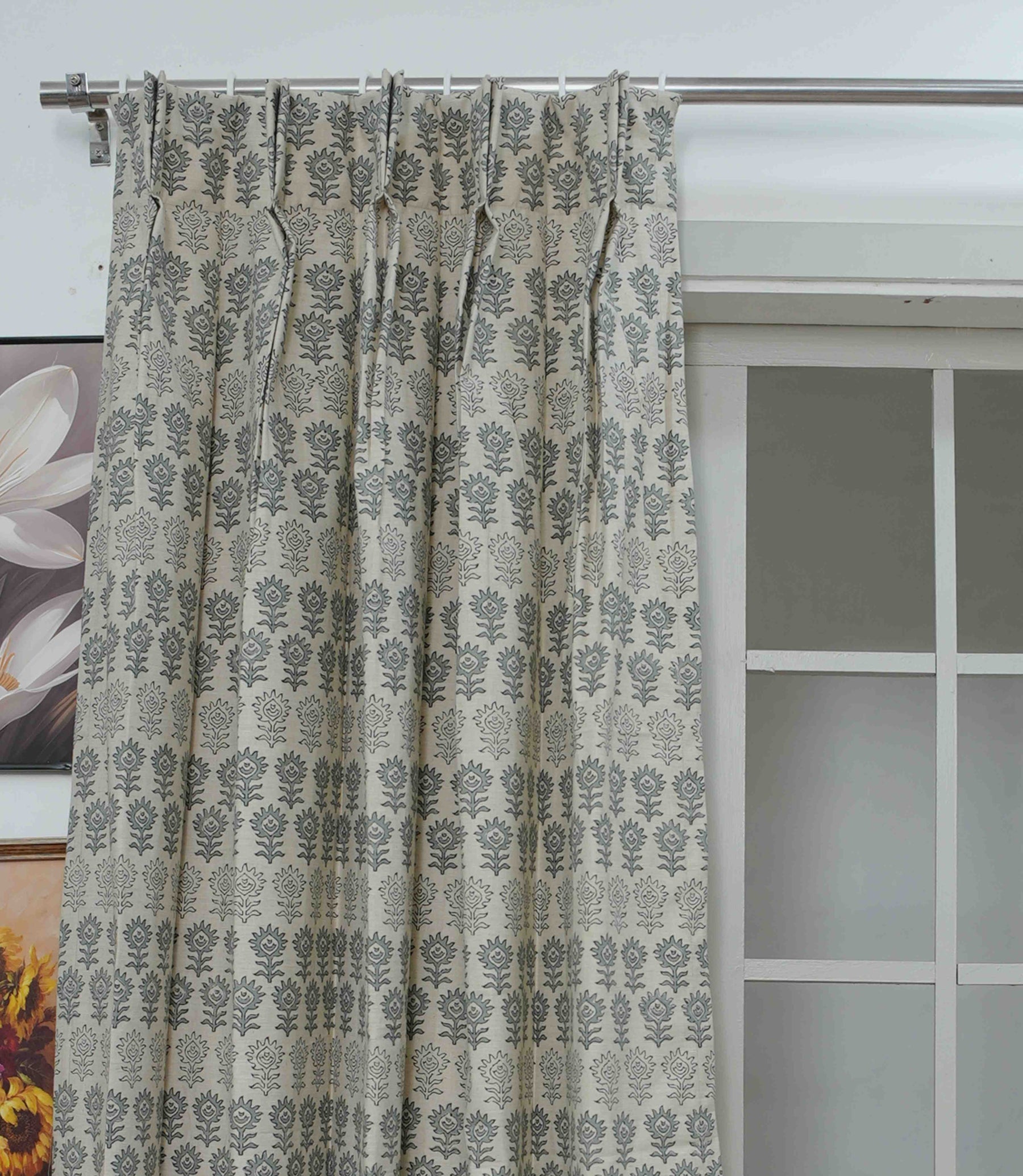 Artisan Gray Floral Block Print Linen Curtains Semi Sheer Pleated Drapes | Surajmuki