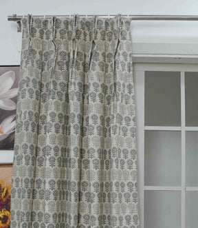 Artisan Gray Floral Block Print Linen Curtains Semi Sheer Pleated Drapes | Surajmuki