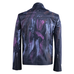 Black leather jacket with paint brushstroke details