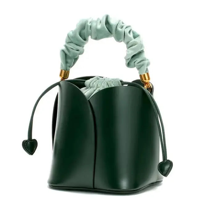 Luxury Genuine Leather Mini Bucket Bag with Ruched Handle