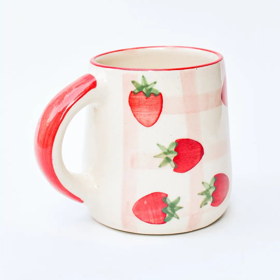 Strawberry Checkered Delight Ceramic Mug - 3.5 x 3 Inches