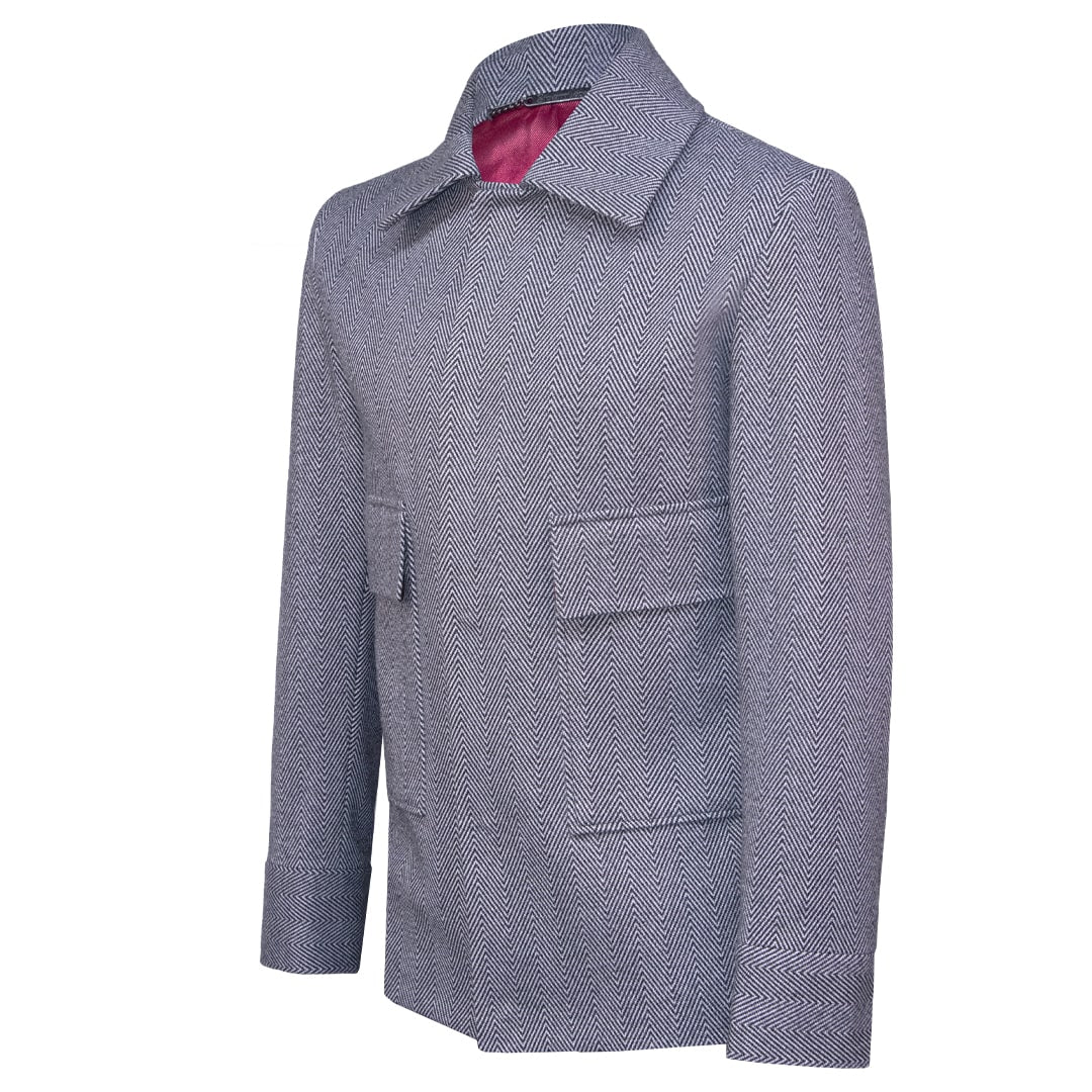 Gray casual wool jacket featuring a magnetic snap closure