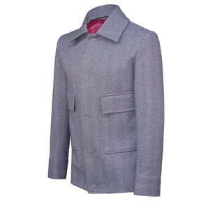 Gray casual wool jacket featuring a magnetic snap closure