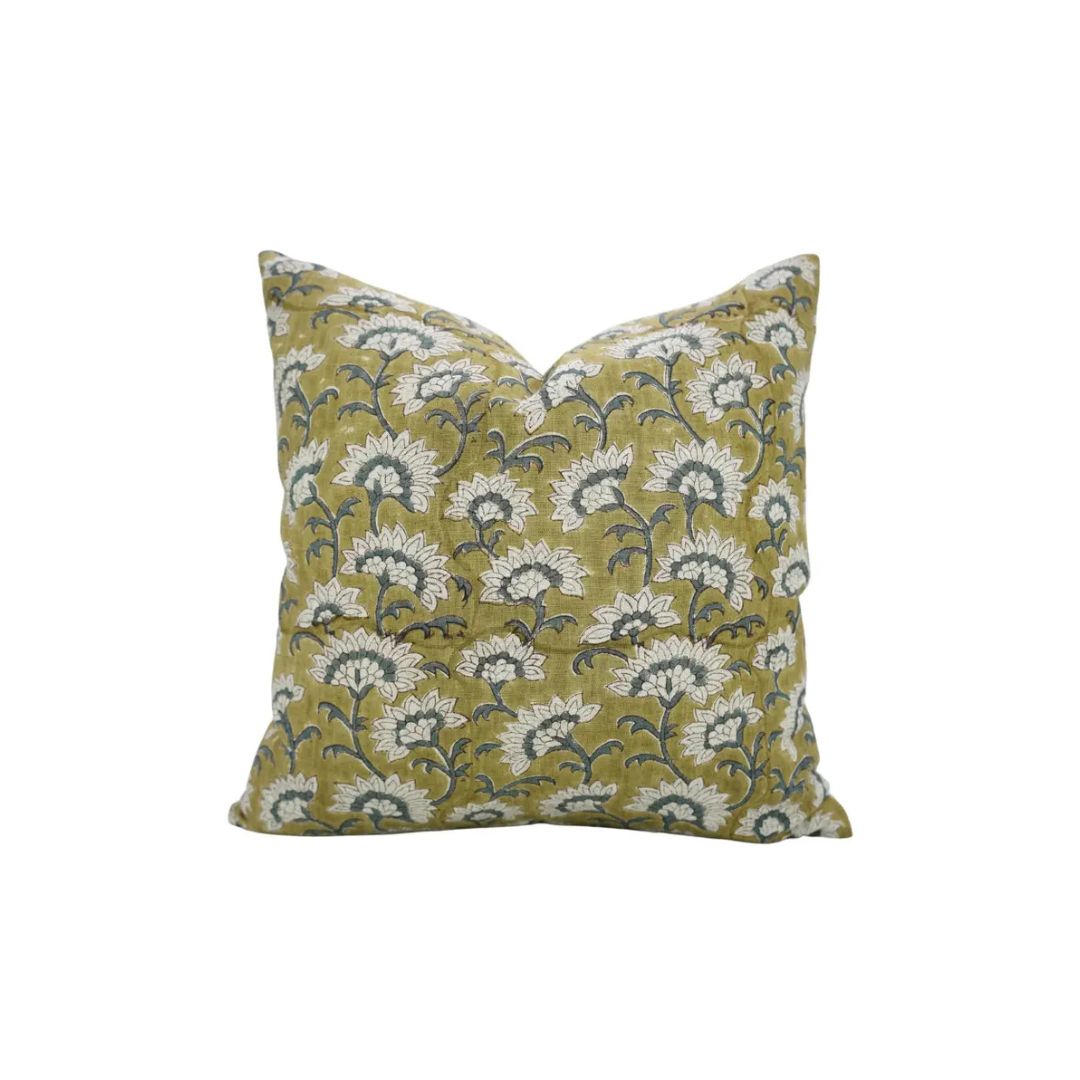 Floral Hand Block Printed Design Viscose Linen Pillow Cover - Rajnigandha