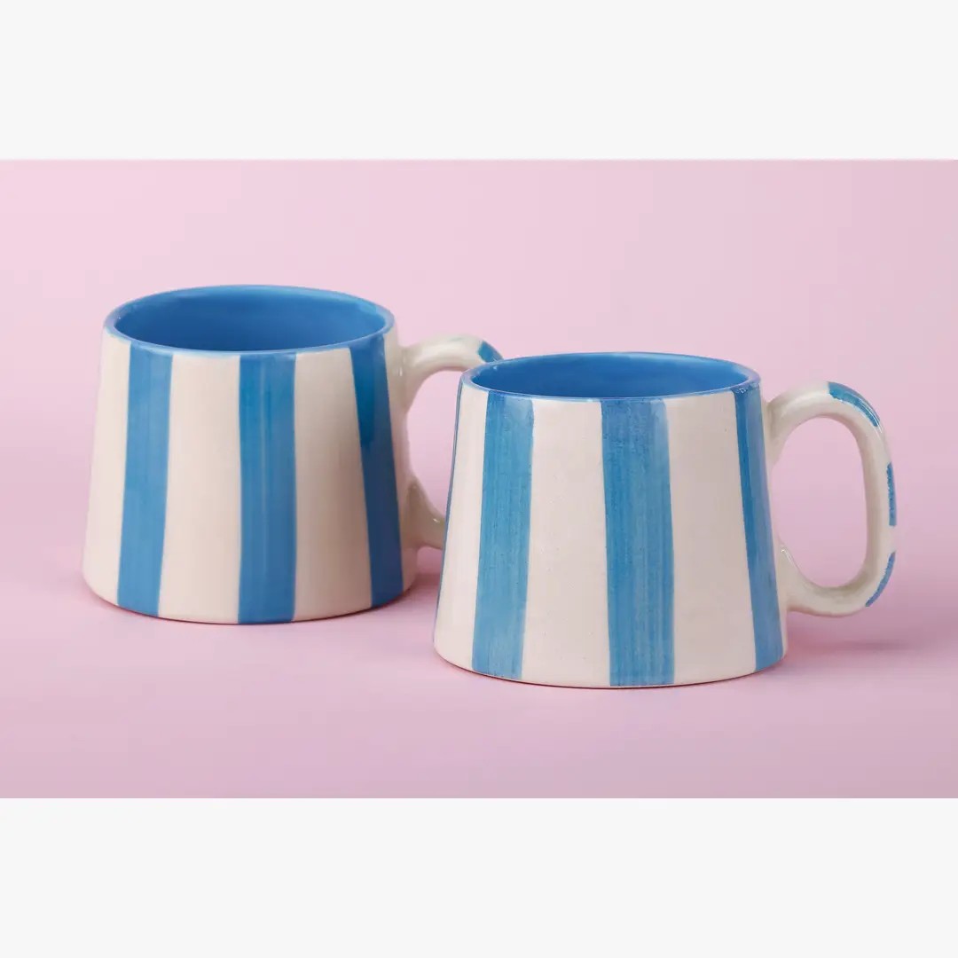 Ceramic Striped  Coffee cup , Pink , Green , Dark Blue , Aqua - 220ml (Set of 2)