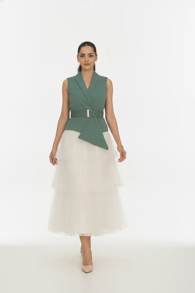 Ivory Layer Skirt & Sea-green Waist Coat – Fresh Elegance