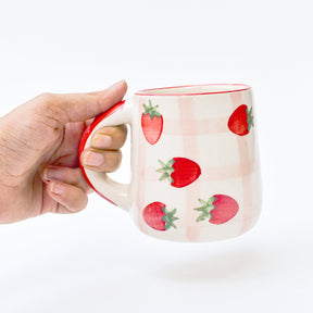 Strawberry Checkered Delight Ceramic Mug - 3.5 x 3 Inches - Set of 4