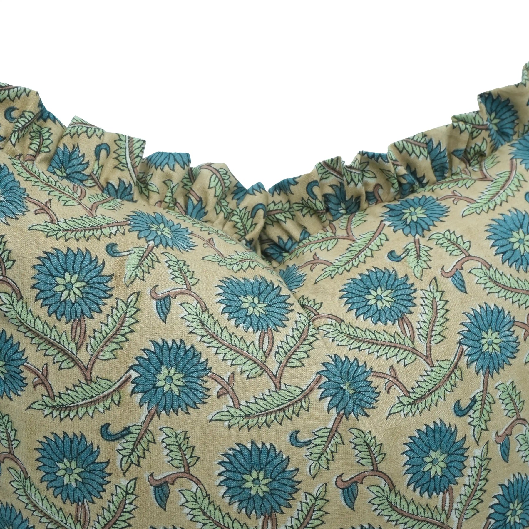 Handmade Blue Floral Block Print Linen Blend Pillow Cover - Swarna