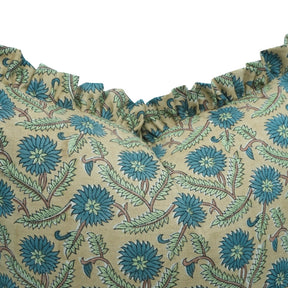 Handmade Blue Floral Block Print Linen Blend Pillow Cover - Swarna