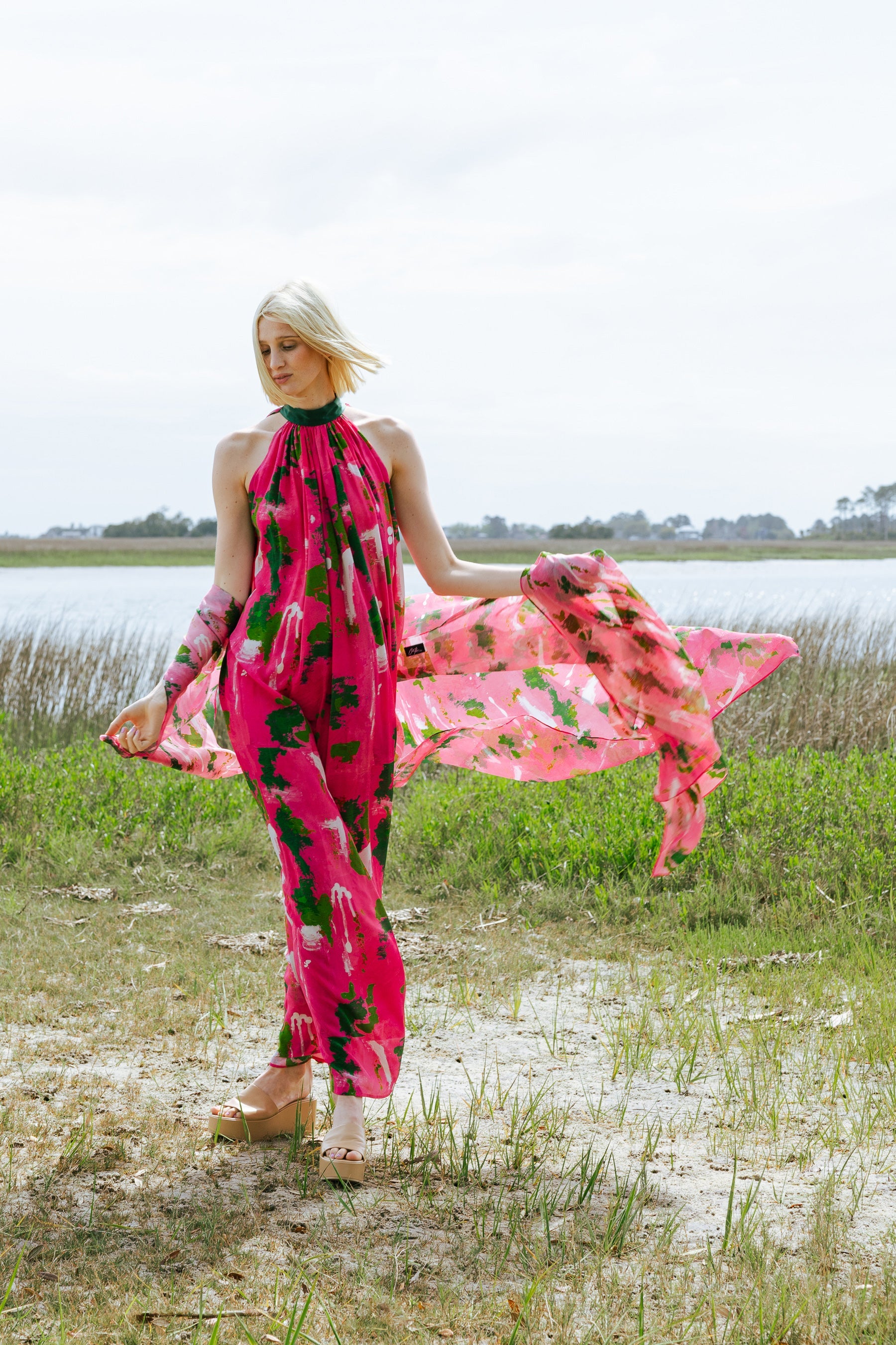 Pink Green Wall Splash Gathered Maxi Dress