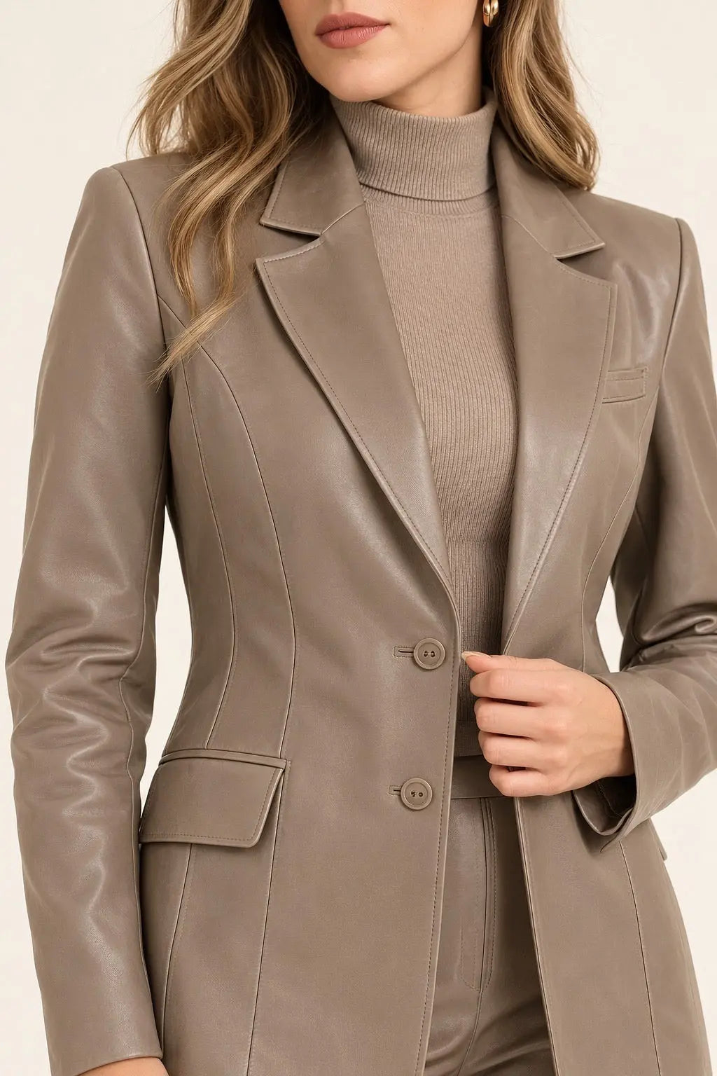 Taupe Leather Blazer & Wide-Leg Pants Set