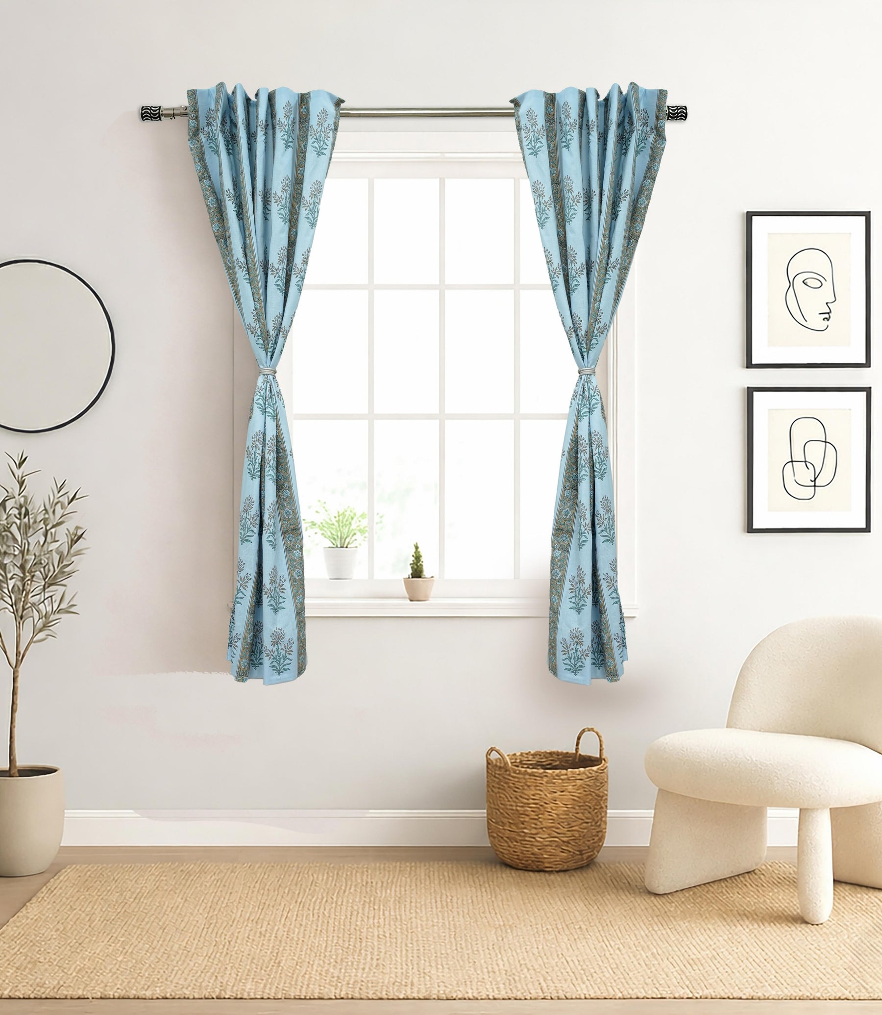 Green Floral Block Print Linen Curtain Handmade Boho Nature Window Drape  - Noor