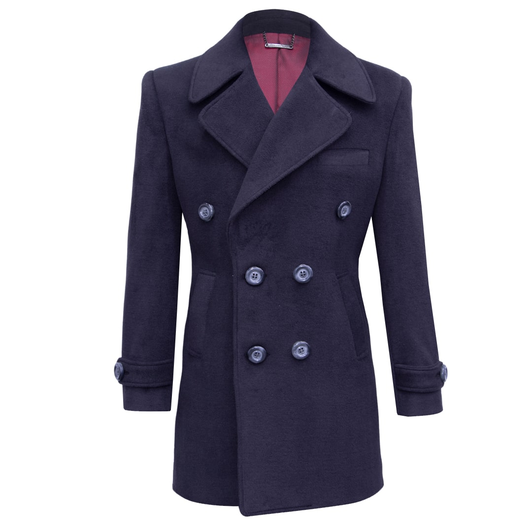 Black double-breasted coat.