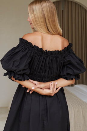 Vacay Off Shoulder Cotton Mini Dress - Black