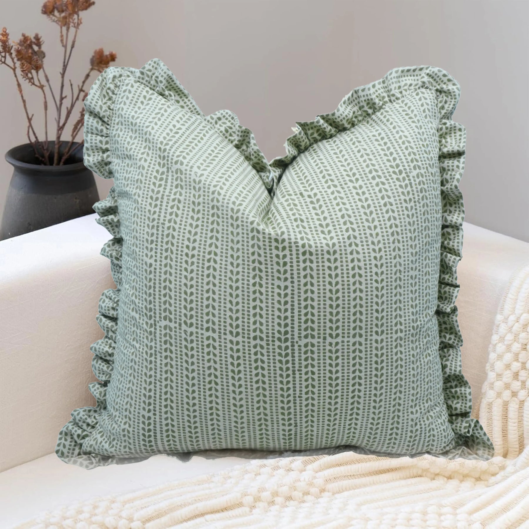Handmade Block Print Linen Blend Frill Cushion Cover -Ratanbel