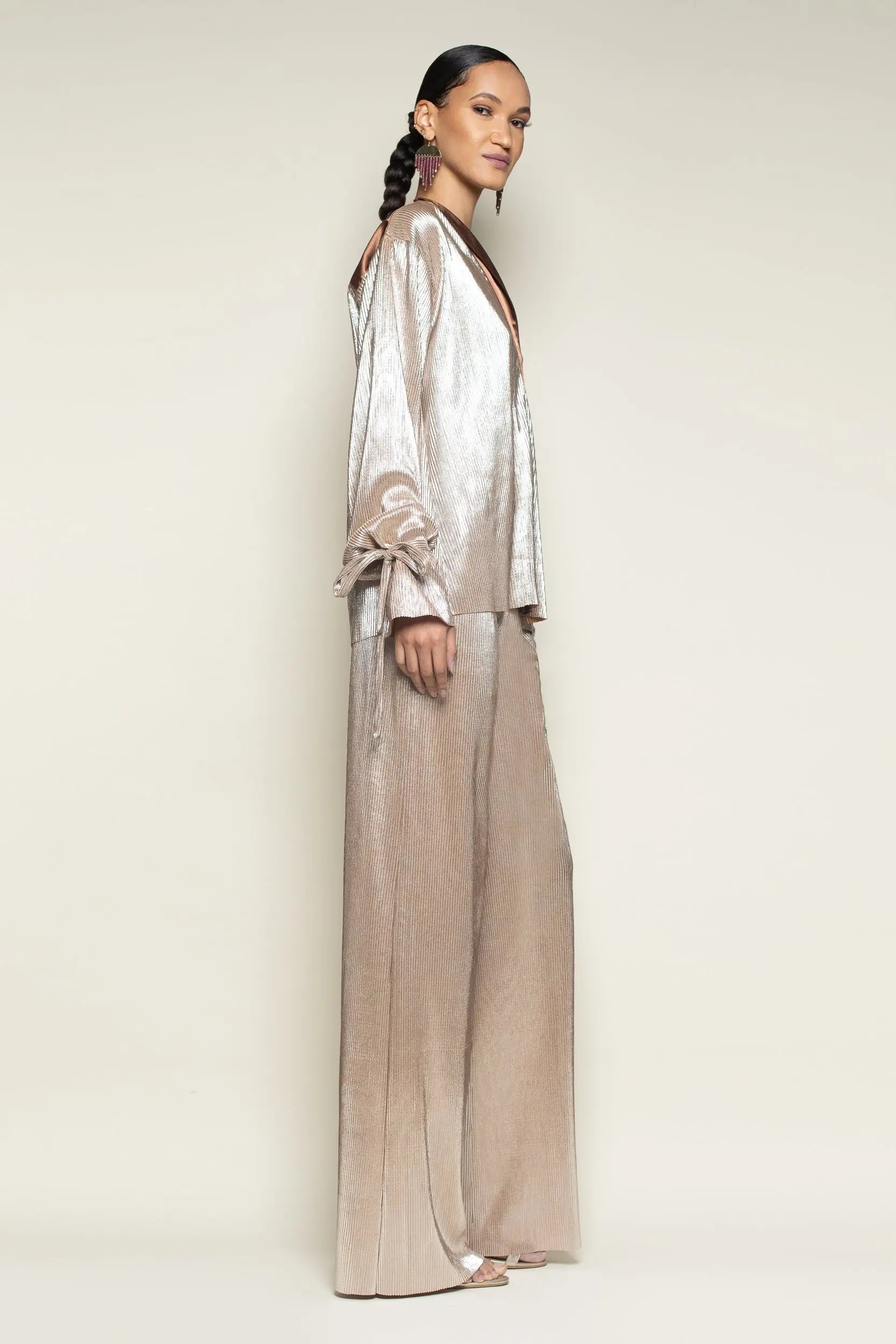 Tie Sleeve Rose Gold Shimmer Pleated Tuxedo Top