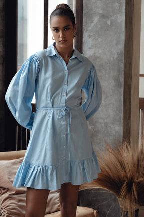 Malina Button Down Cotton Mini Dress - Light Blue