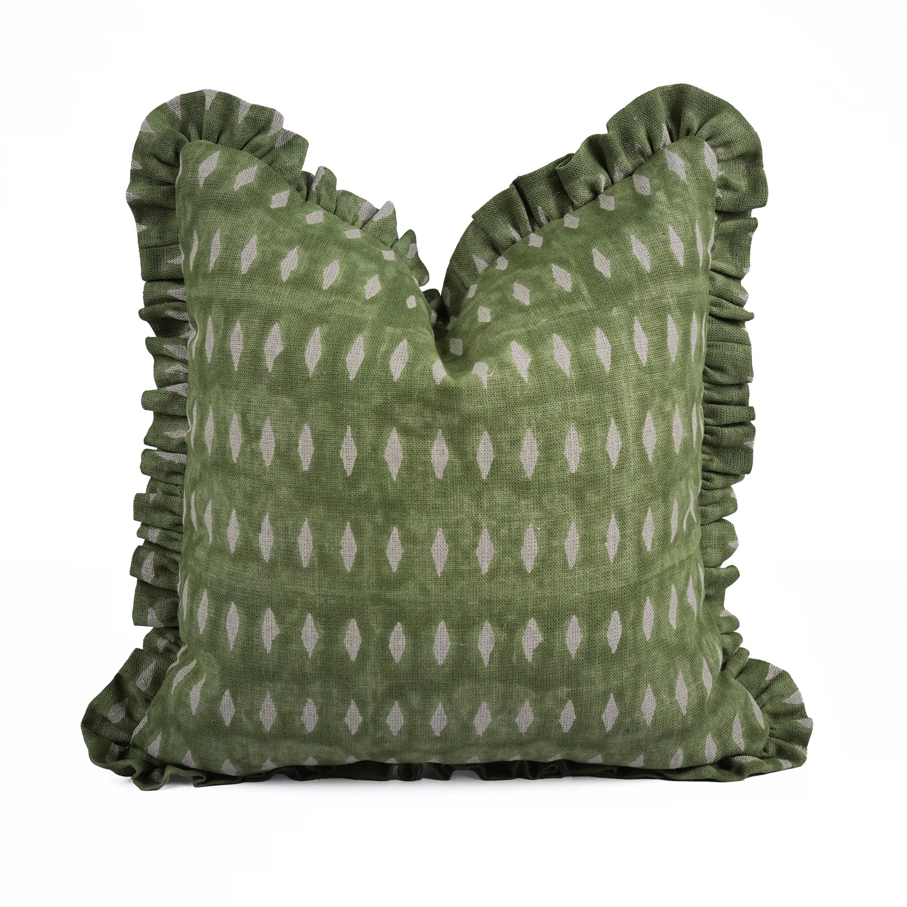 Handmade Green Block Print Thick Linen Pillow Cover - Omji