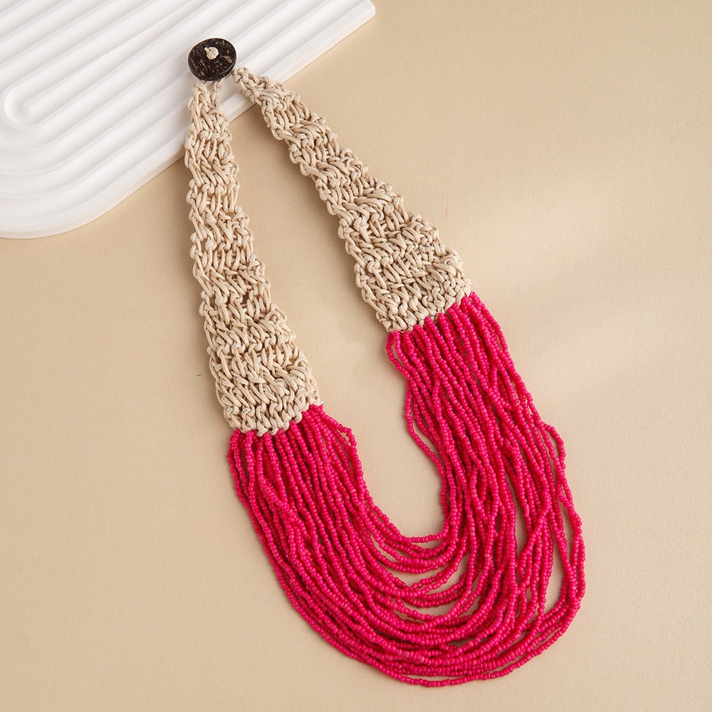 Fashionable retro ethnic style exaggerated style hand woven 30 layer wax rope rice bead necklace for women