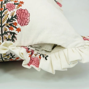 Bohemian Block Print Thick Cotton White Frill Pillow Cover - Swadesh