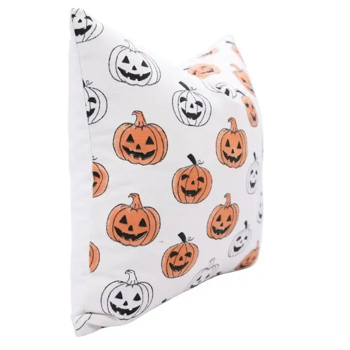 Decorative Handmade Block Printed Thick Cotton White Pillow Cover - Pumpkin