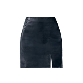 TESS CROC EMBOSSED LEATHER MINI SLIT SKIRT