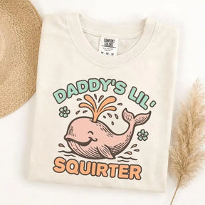 Daddy's Lil' Squirter Retro Whale Graphic T-Shirt | Funny Ivory Cotton Tee