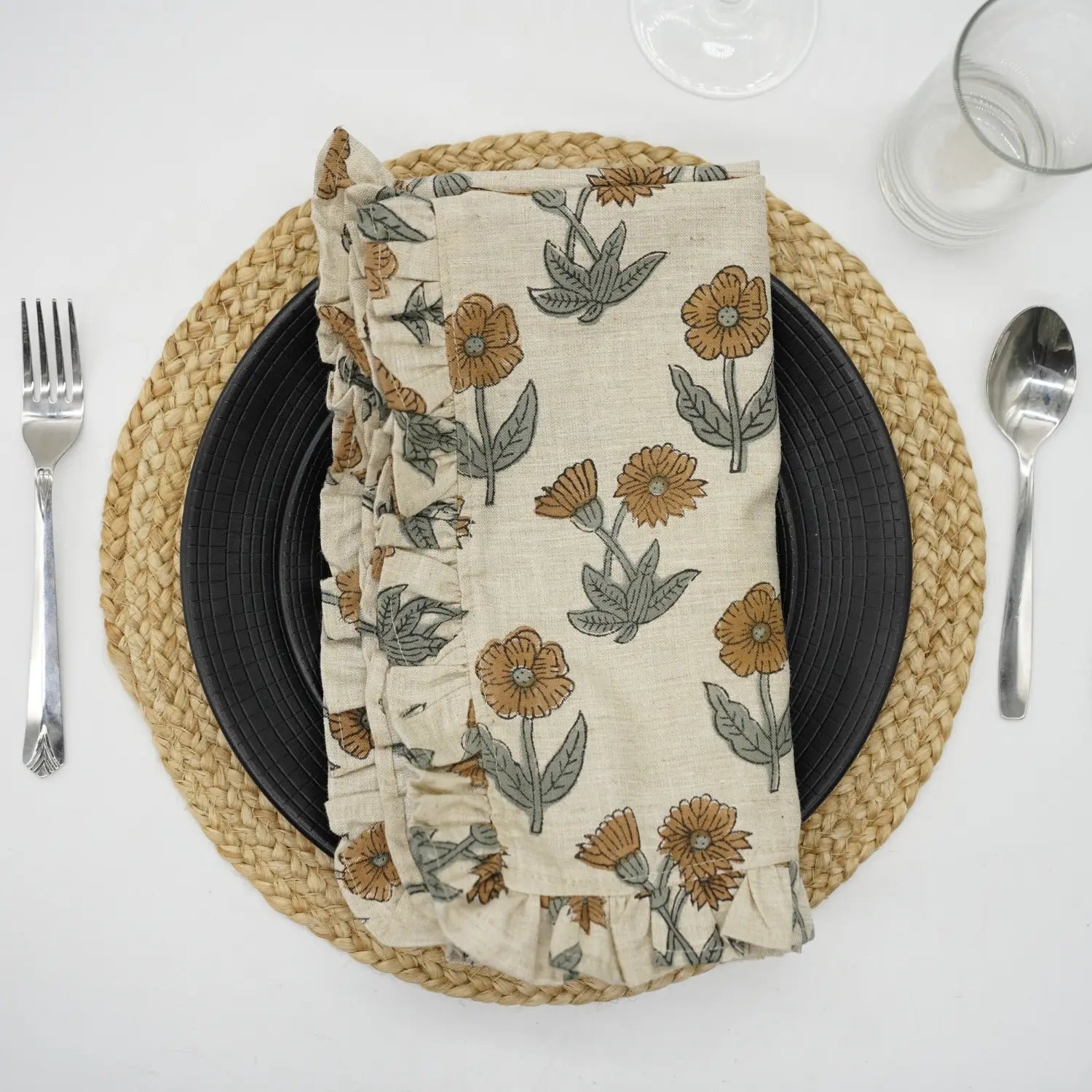 Handmade Indian Linen Blend Block Print Frill Napkins Set of 4 - Kirti