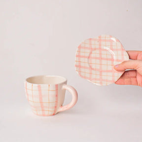 Handmade Cute Ceramic mug & Coaster Set - Plaid, 2.5 Inches