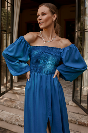 Love Story Smocked Off Shoulder Dress - Turquoise