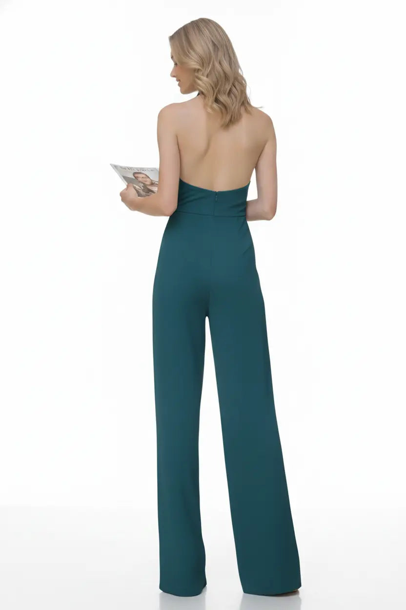 Teal Halter Jumpsuit – Gold Brooch