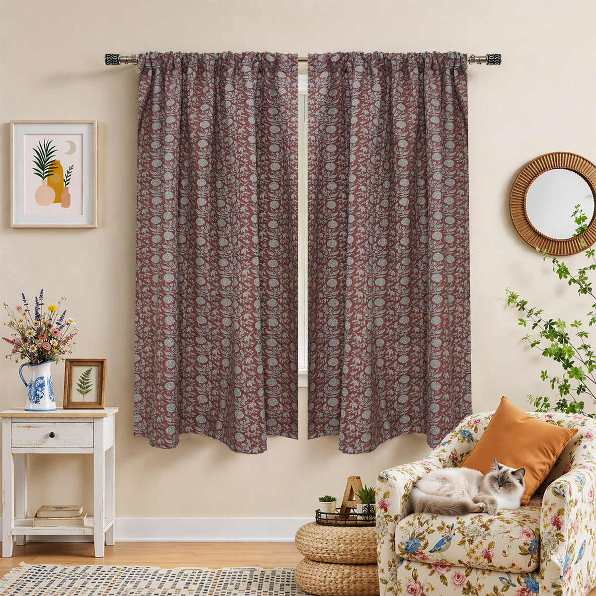 Handmade Floral Pure Linen Block Print Rod Pocket Red Curtain - Shillong