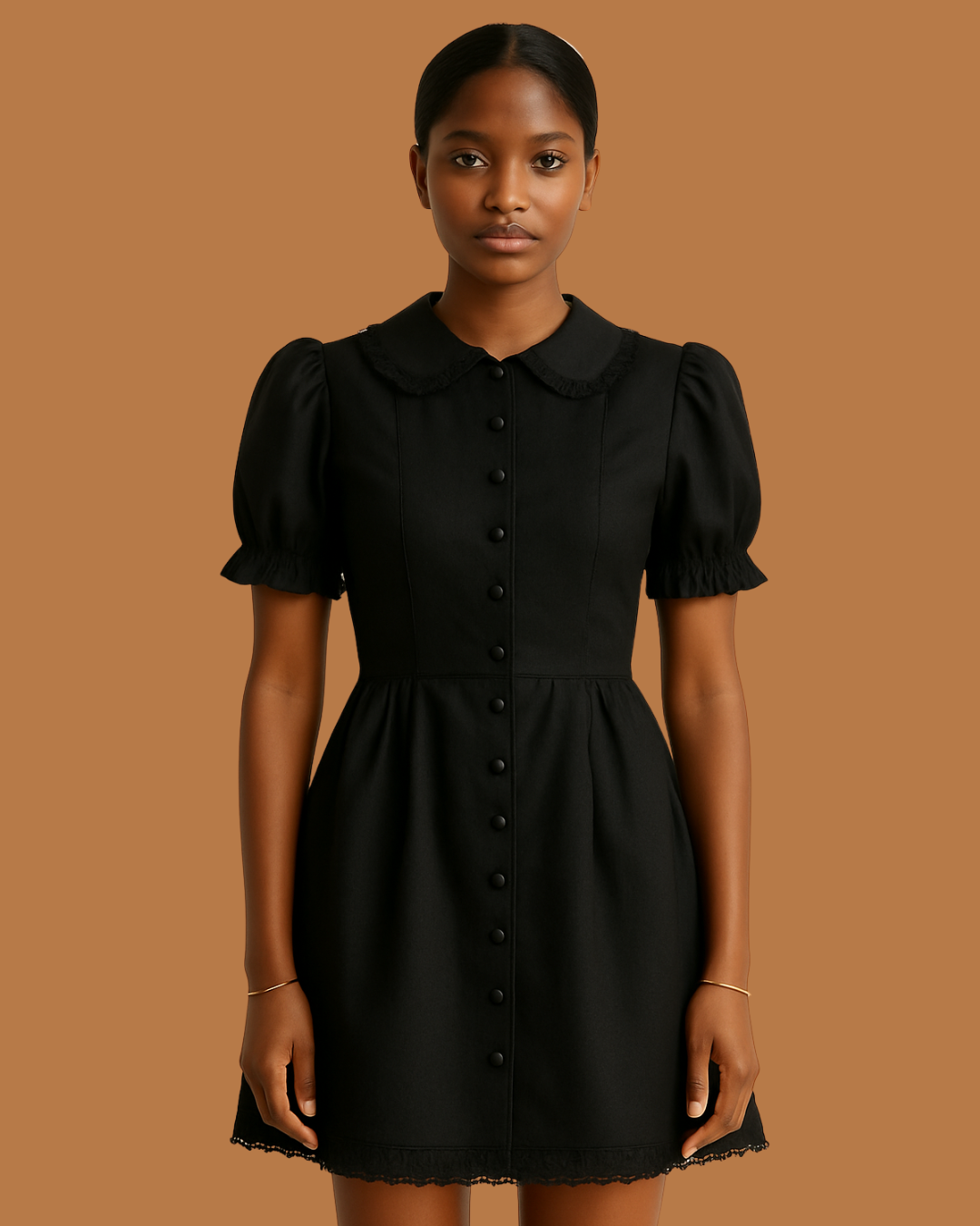 Noir Puff Sleeve Mini Dress – Black Cotton-Linen with Peter Pan Collar