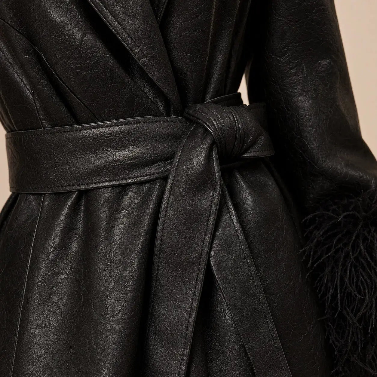 Black Textured Leather Trench Coat with Feather-Style Fur Trim