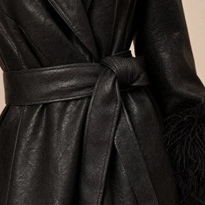 Black Textured Leather Trench Coat with Feather-Style Fur Trim
