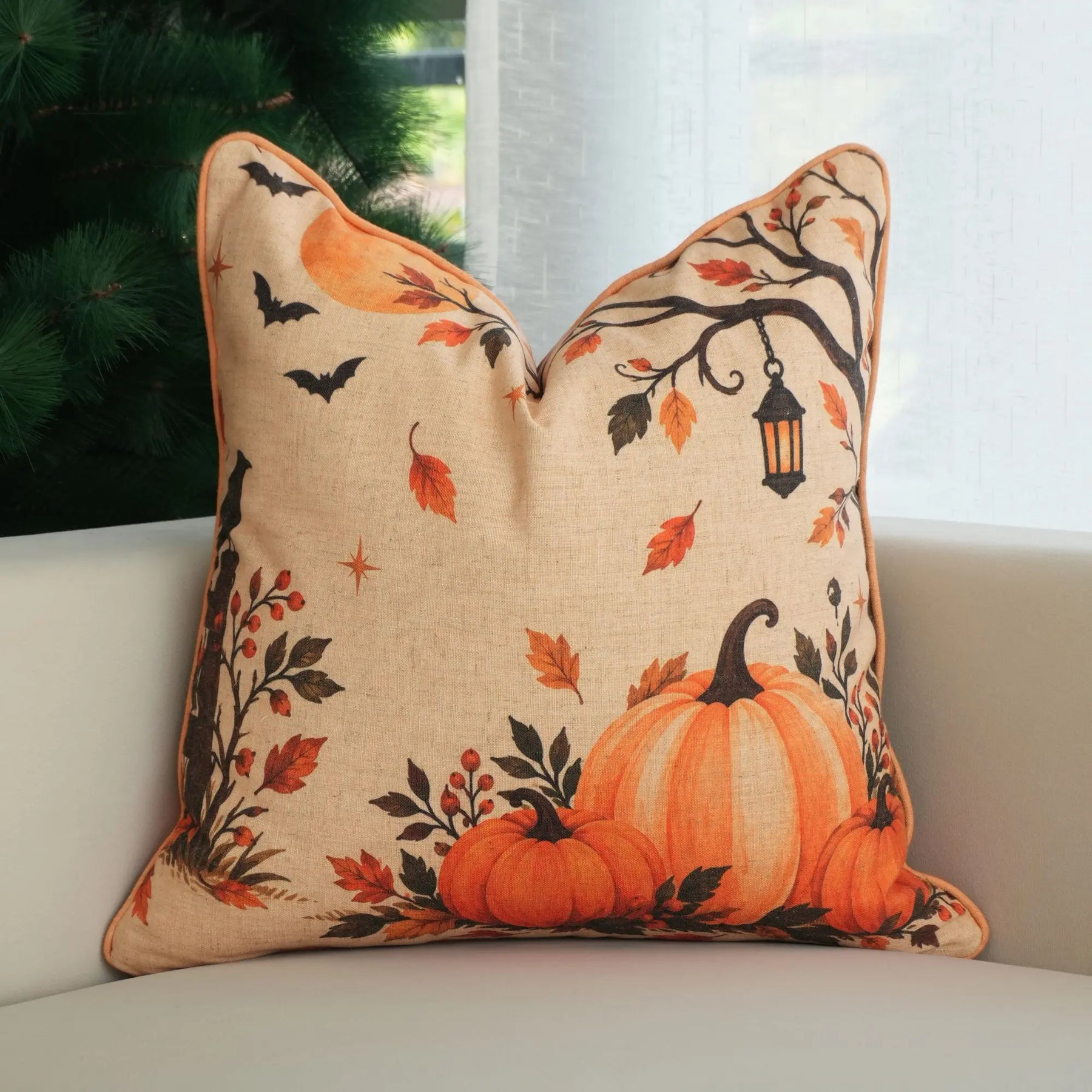 Autumn Viscose Linen Pillow Cover with Piping for Halloween