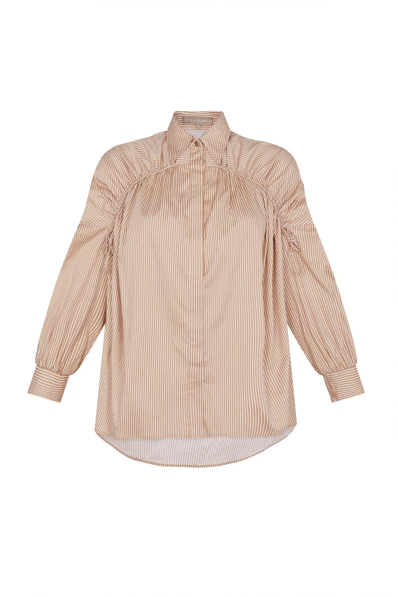 Star Gathered Shoulder Blouse | Striped Camel