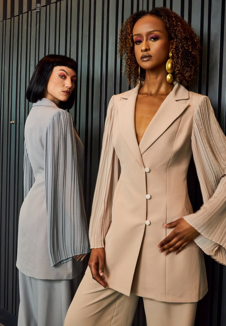 Pleated Sleeves Blazer Dress & Palazzo Wide Leg Trouser Suit