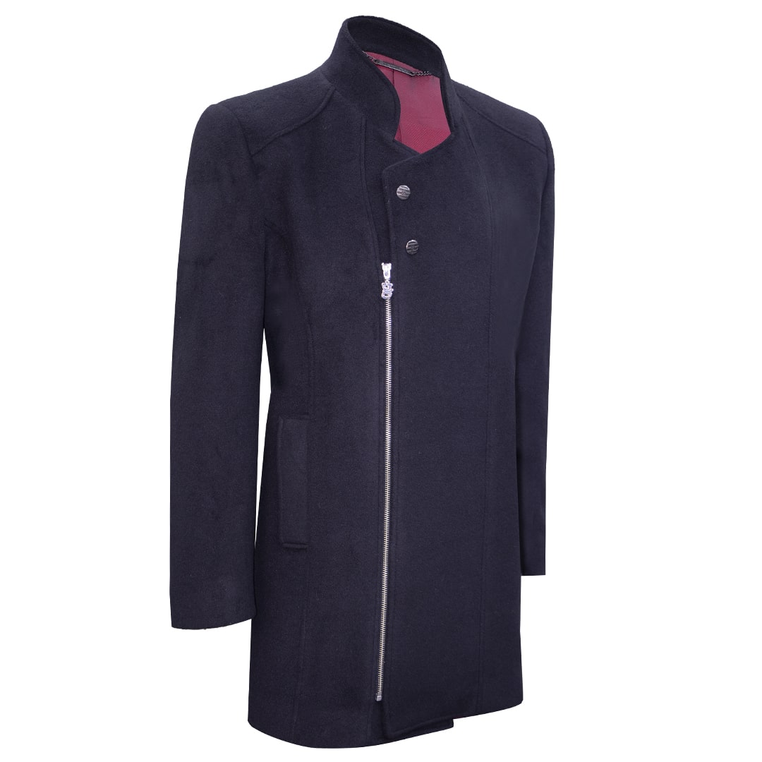 Black coat featuring zipper and snap closures
