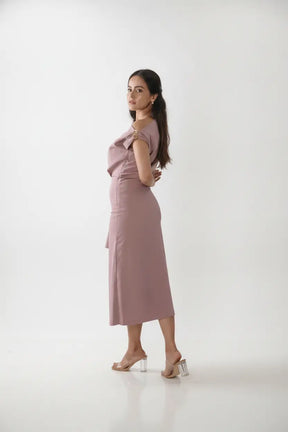 Blush Pink One-shoulder Draped Midi Dress