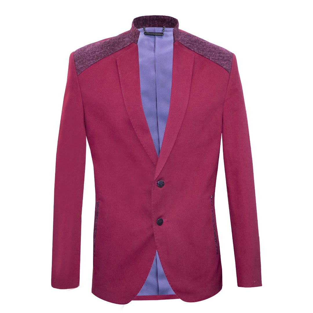 Wine red blazer with military collar and lapels.