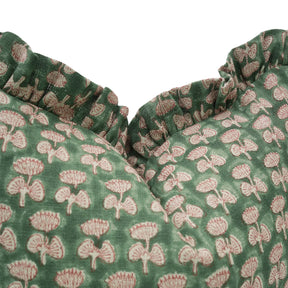 Green Hand Block Printed Thick Linen Frill Pillow Cover - Damru